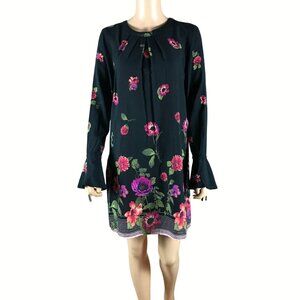 GILLI Black Floral Mini Shift Dress with Bell Sleeves NEW SMALL